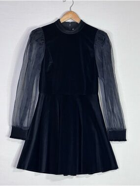 Alice + Olivia Black Sheer Sleeve Fit Flare Dress Velvet Feel 8